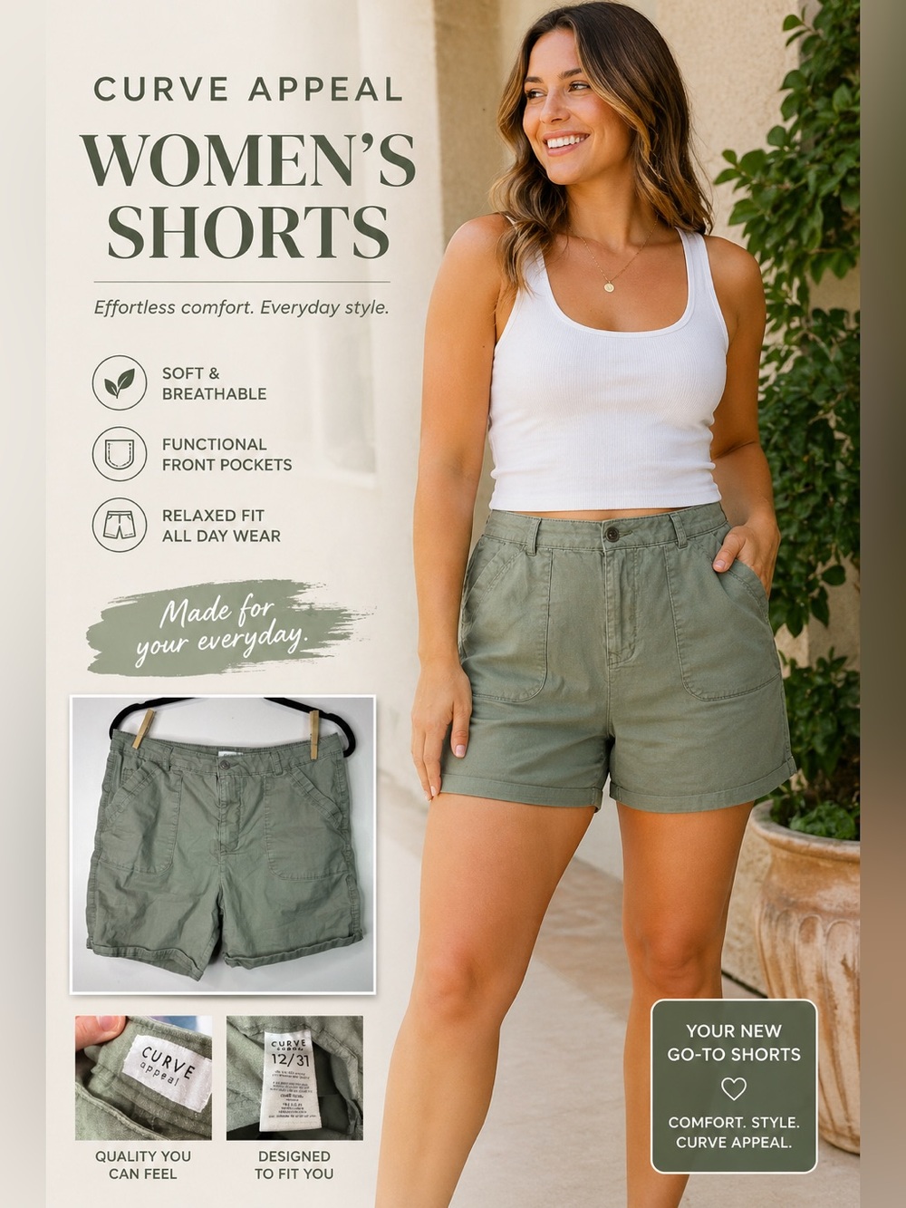 Curve Appeal Olive Green‎ Cotton Shorts size 12